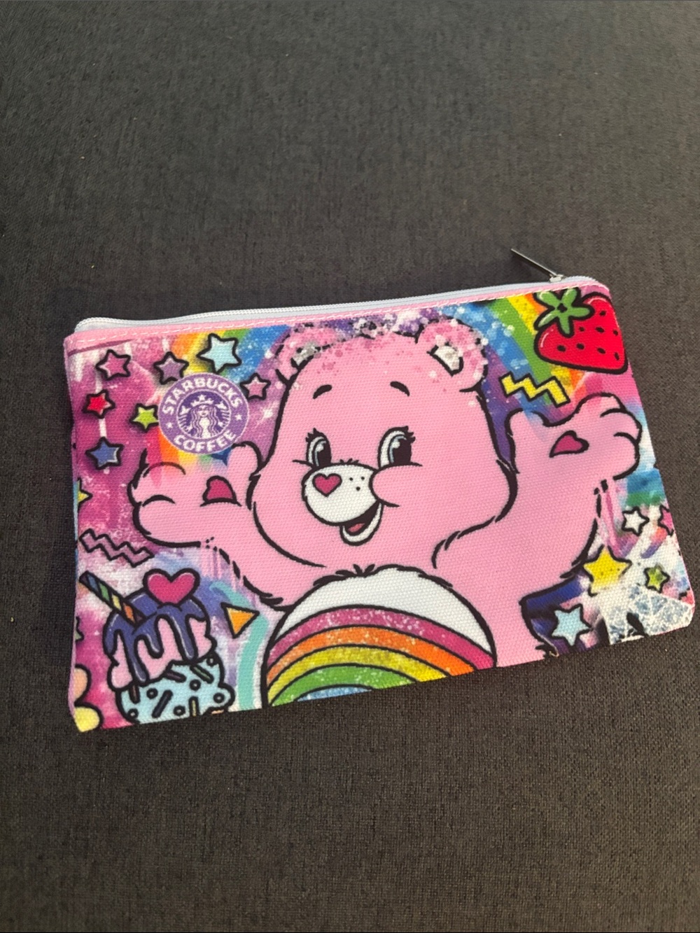 Care Bears Pink Rainbow Zip Pouch with Star & Strawberry Artwork